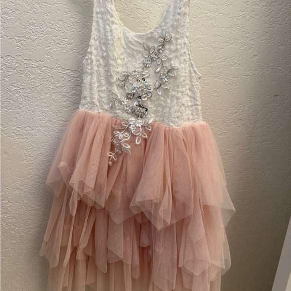 White and Pink Flower girl Dress with Floral Embellishments